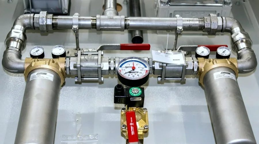 Pre-assembled unit of ball valves, filters and pressure gauges on a mounting plate